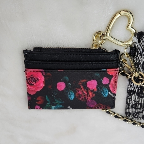 Juicy Culture Black Beige Floral Wristlet Credit Card Key Chain 2 Piece Set NWT - Picture 12 of 14